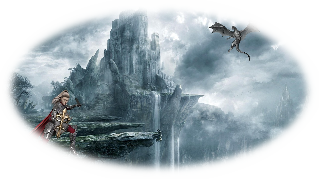 A Romanesque castle stands on the edge of a cliff. In the sky a dragon hovers while a woman in plate armour carrying a shield with a fleur-de-lys is in defensive posture.