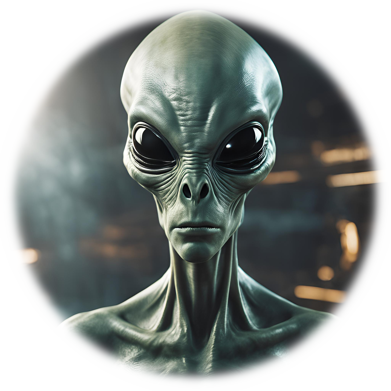 The bulging head of a green-skinned alien with huge black eyes, no nose, and human-like lips.