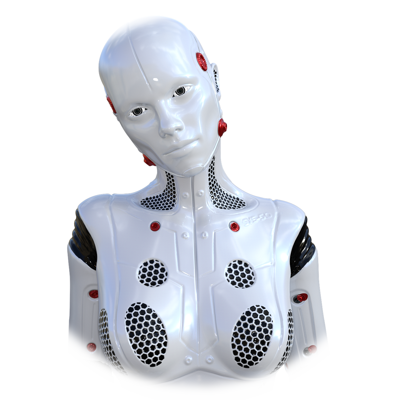 A bald, white plastic android with female features.